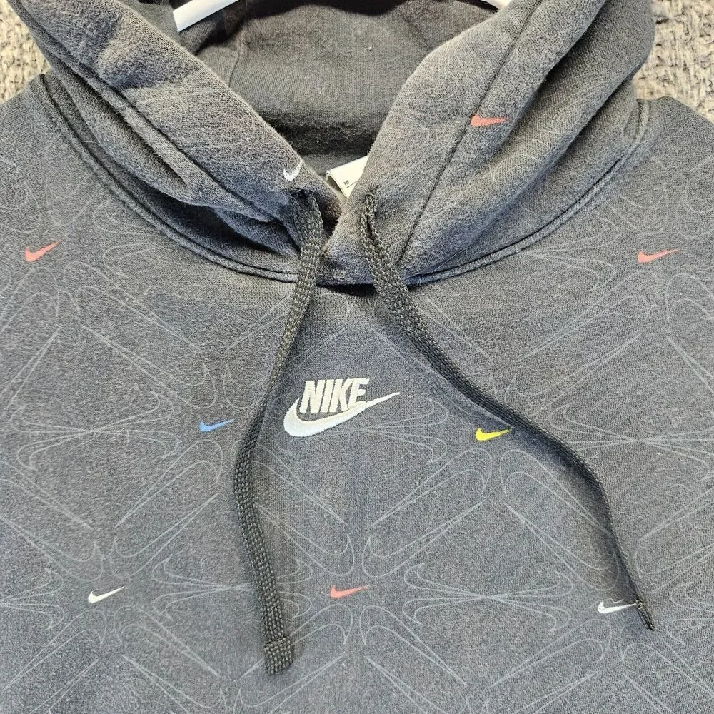 Nike AOP Gel Fleece Black Pullover Hoodie‎ Mens Medium DM7930 010 Center Swoosh